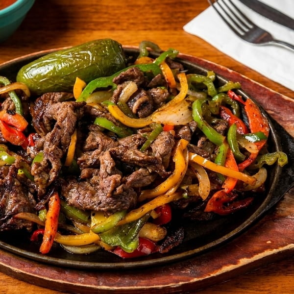 Sizzling beef fajitas with colorful bell peppers and onions in a cast iron skillet.