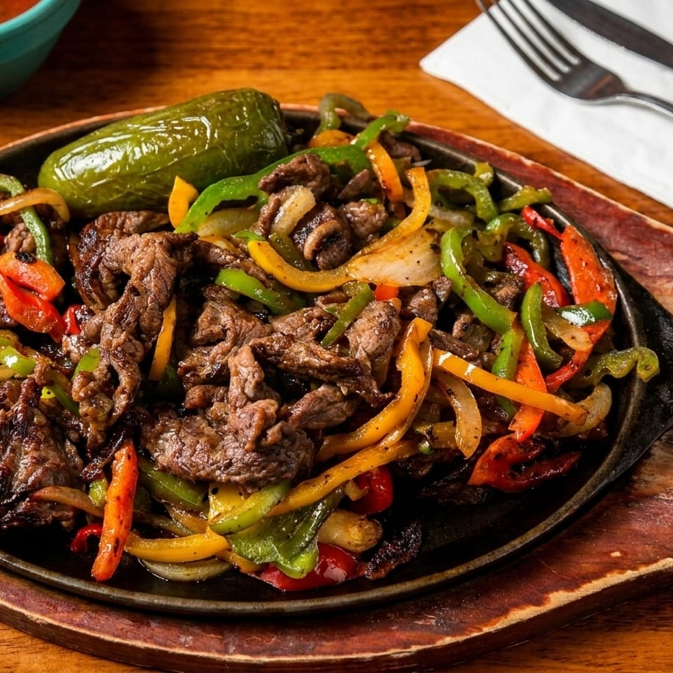 Sizzling beef fajitas with colorful bell peppers and onions in a cast iron skillet.