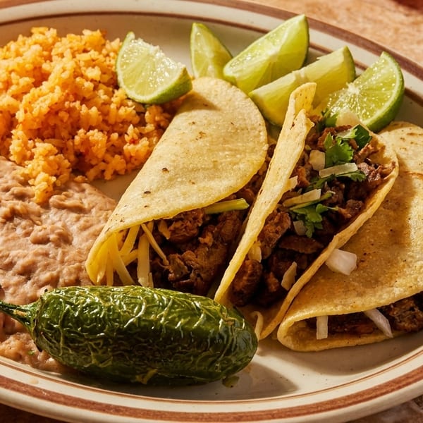 Three tacos with rice, refried beans, a grilled jalapeño, and lime wedges on a plate.