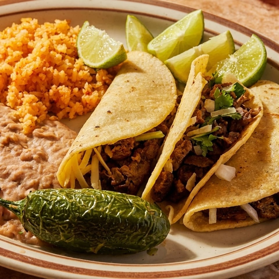 Three tacos with rice, refried beans, a grilled jalapeño, and lime wedges on a plate.
