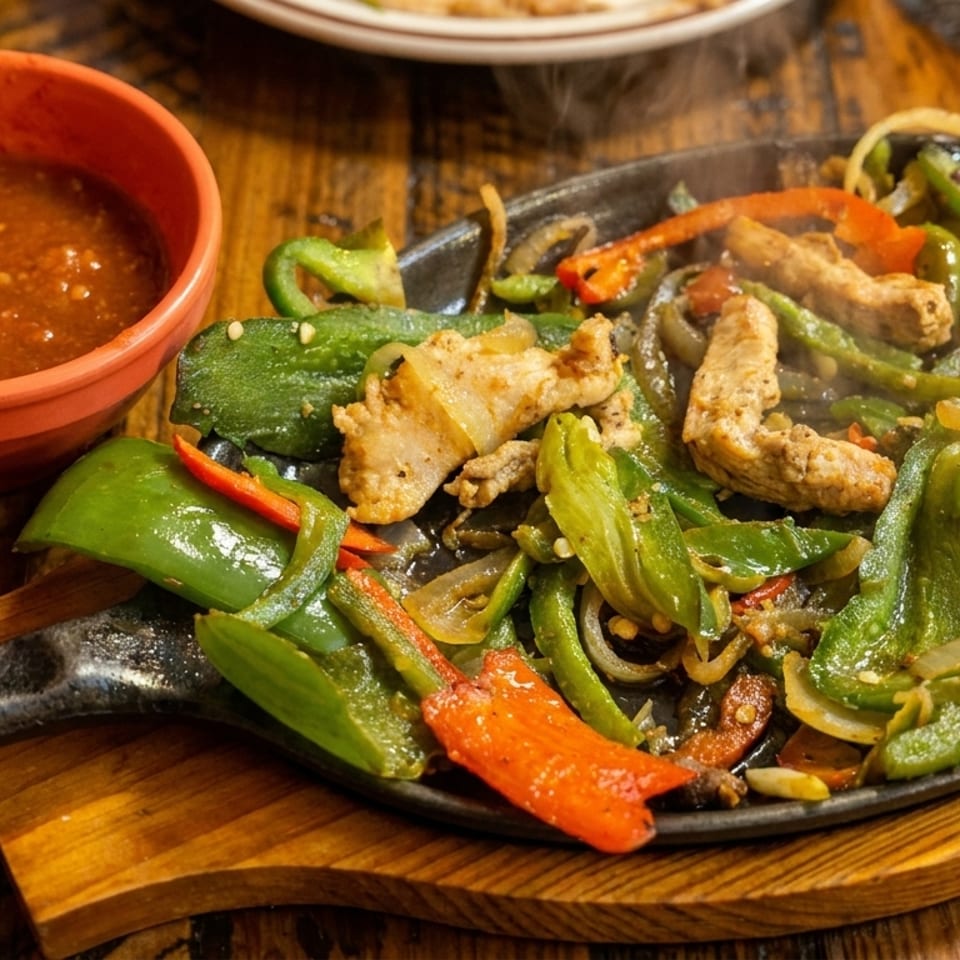 Sizzling chicken fajitas with green and red peppers, onions, and a side of salsa.