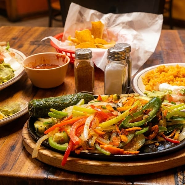 Table laden with Mexican dishes: quesadillas, fajitas, rice, beans, guacamole, and chips.