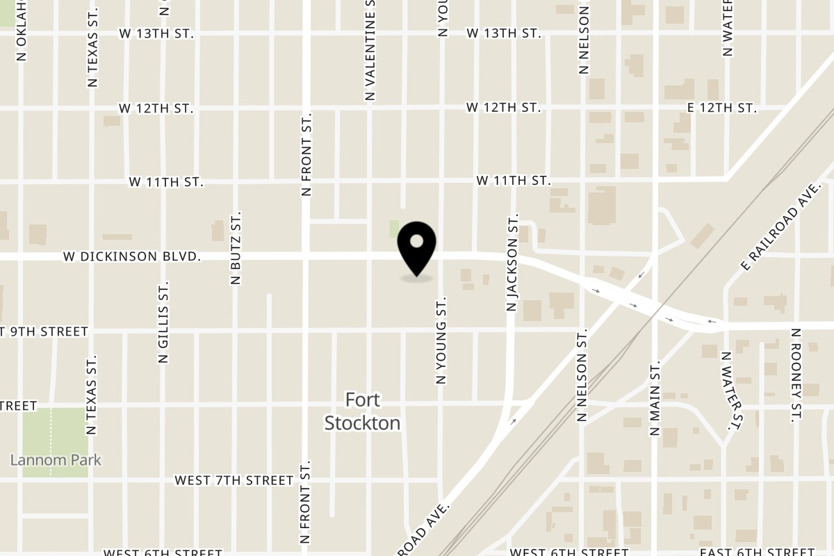 Map showing the location of Bienvenidos Mexican Restaurant on 405 W Dickinson Blvd in Fort Stockton